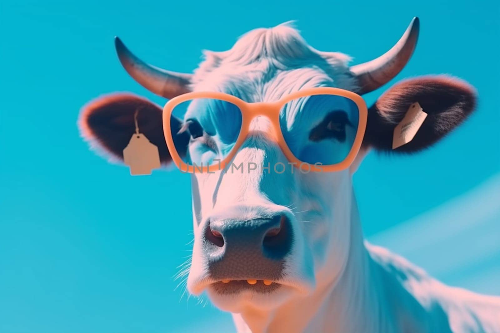background head copy funny face eyeglass sunglasses blue space cow portrait animal. Generative AI. by SHOTPRIME