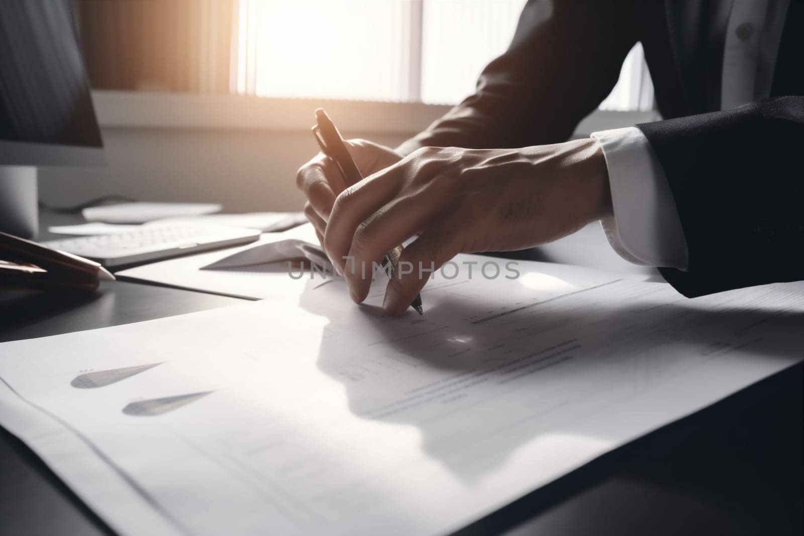 businessman man lawyer business signature sign pen contract paper office day writing person businessperson legal working hand note group document desk. Generative AI.