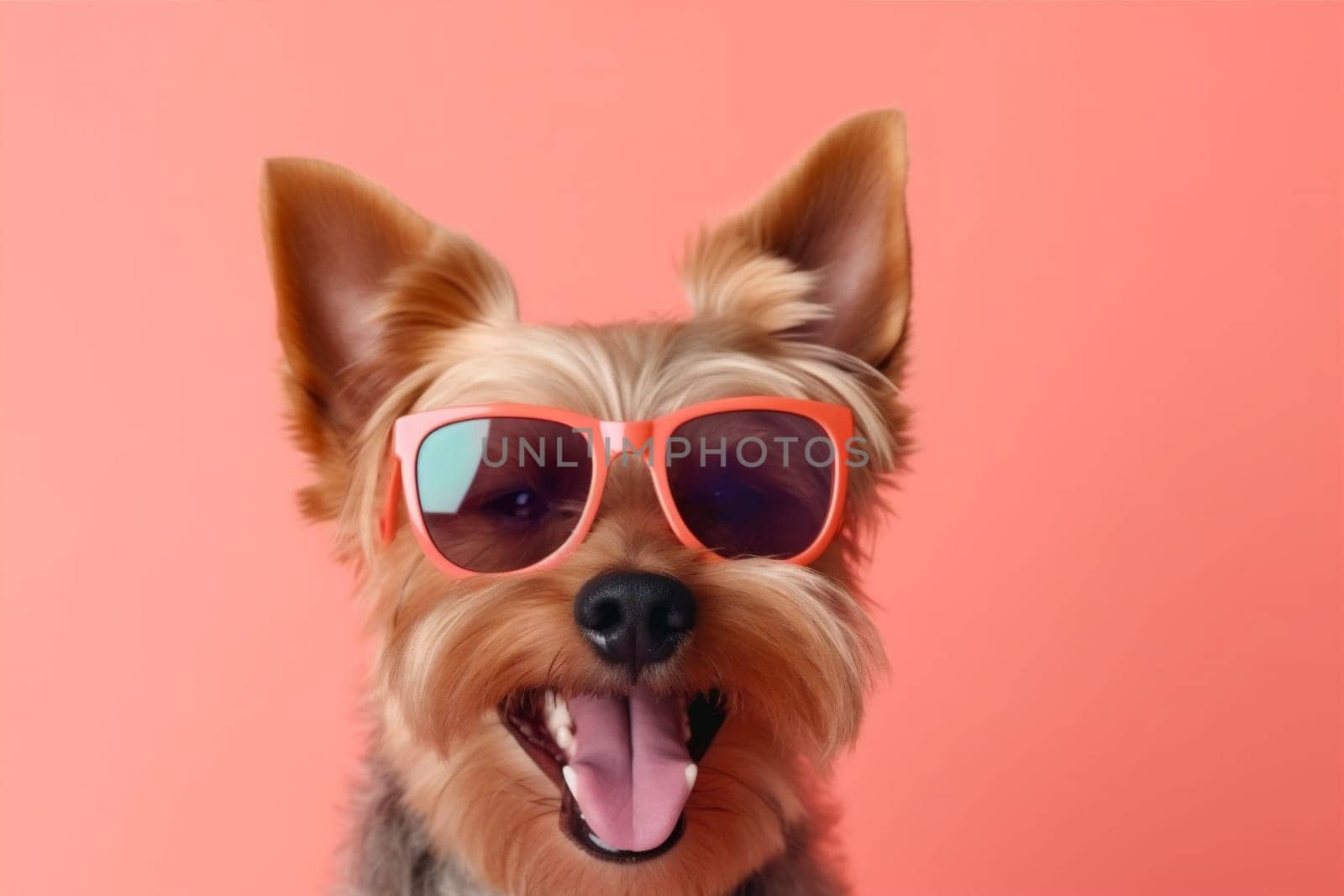 funny dog puppy cute concept isolated birthday studio sunglasses blue pet domestic portrait party doggy smile yellow animal breed small happy background. Generative AI.