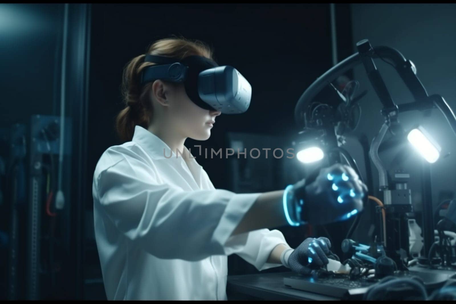 engineer man startup glasses robotic future headset reality research digital virtual robot innovation machine university programming three-dimensional futuristic vr software technology 3d engineering. Generative AI.