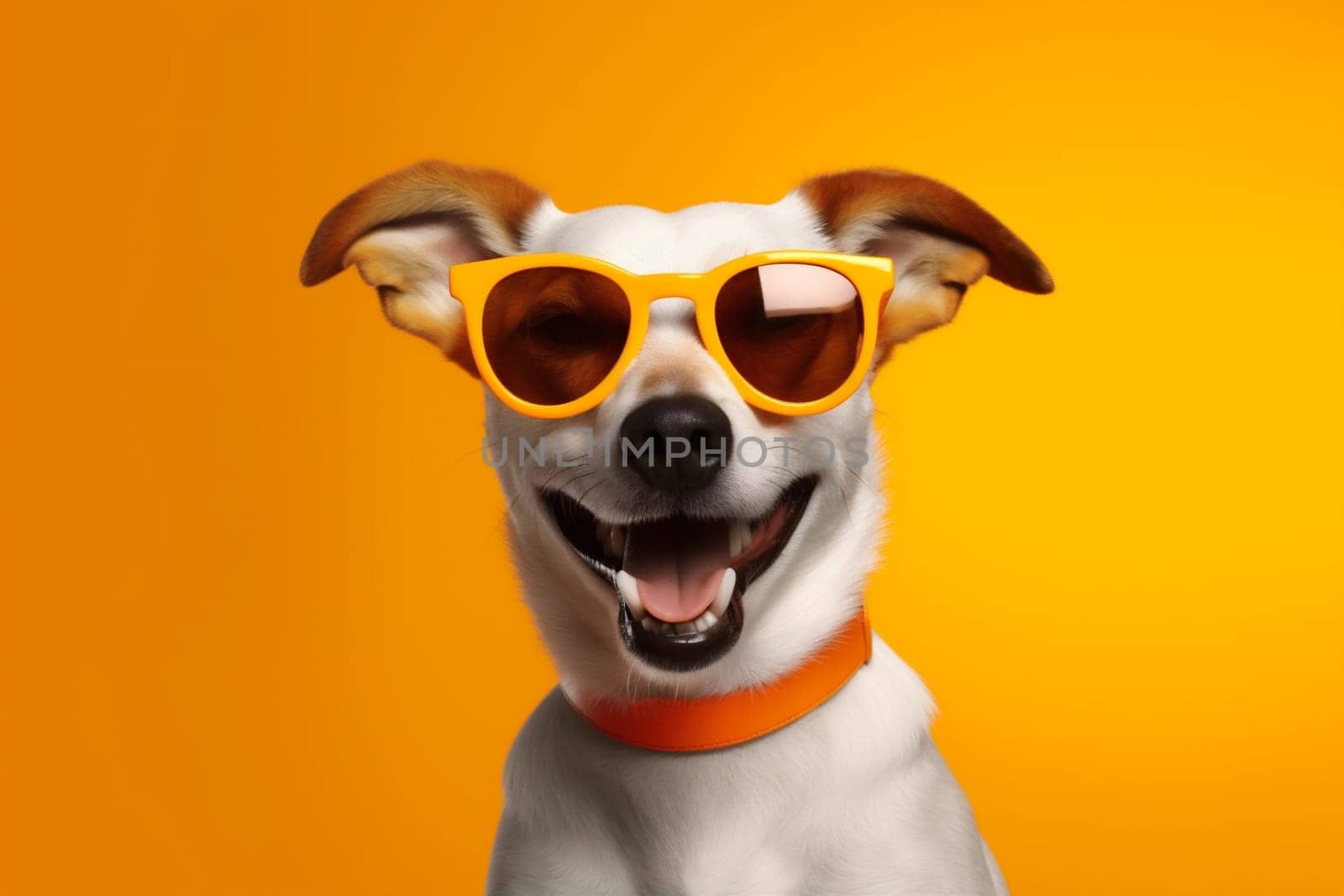 dog adorable portrait happy copy space blue background smile sunglasses small fun animal indoor funny friend isolated pet student brown breed cute. Generative AI.