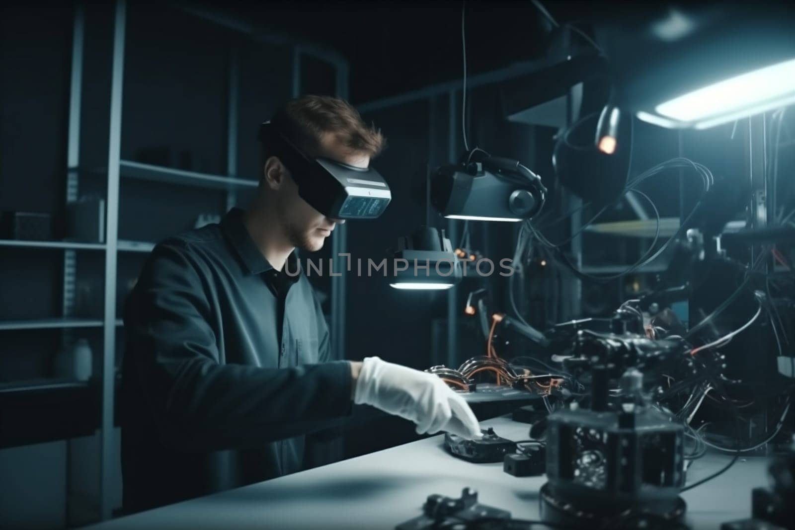 man reality three-dimensional 3d engineer business headset robot computer cyberspace simulation robotic vr glasses entertainment technology innovation future futuristic machine development virtual digital. Generative AI.