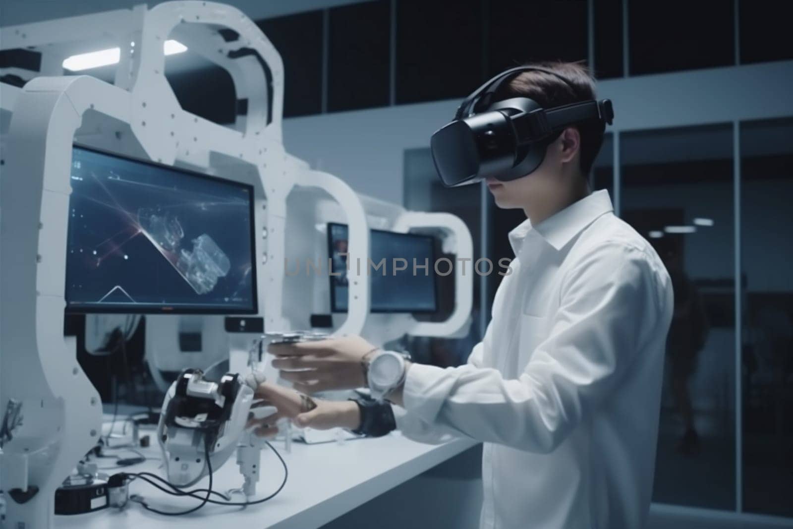 development man robotic vr equipment digital entertainment ai business engineer robot virtual device technology innovation futuristic future 3d engineering three-dimensional science glasses. Generative AI.