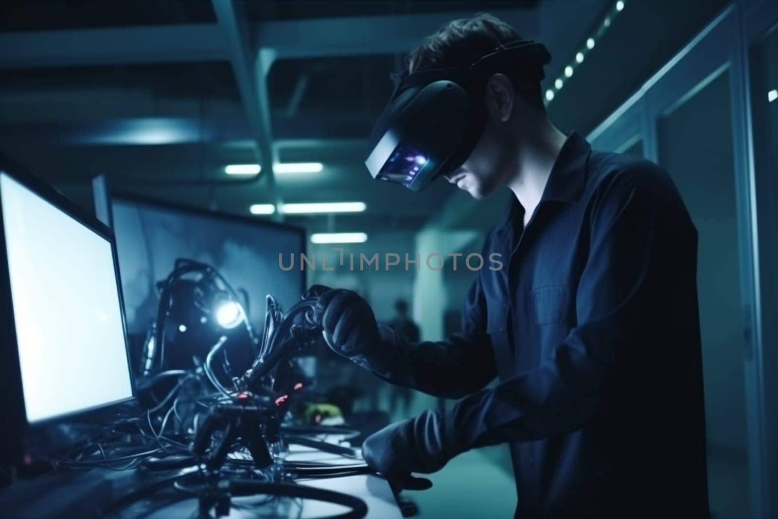 intelligence man innovation business simulation engineer cyberspace glasses robotic virtual intelligence technology future engineering three-dimensional programming design artificial robot 3d research artificial goggles. Generative AI.