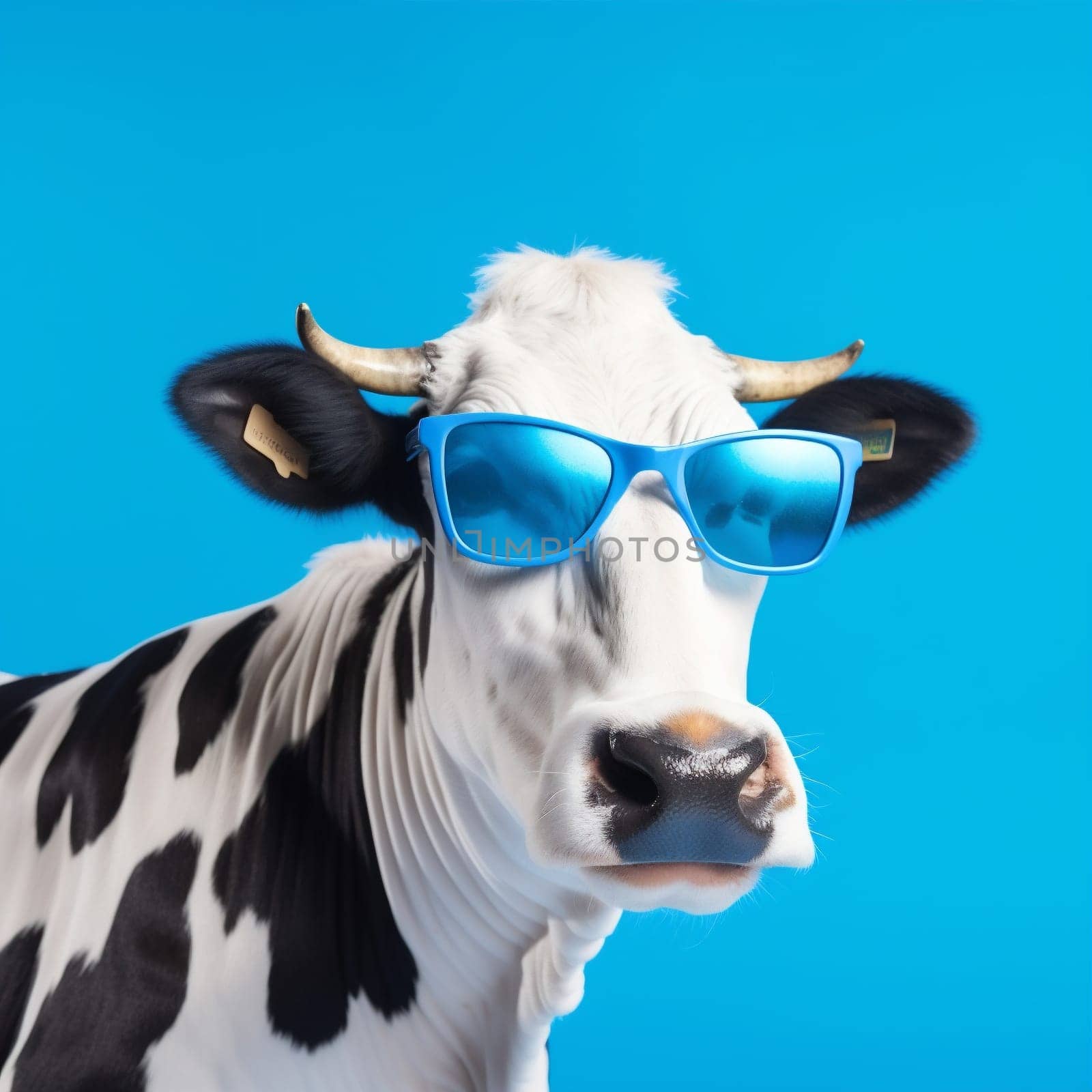 postcard animal fun blue background cow background isolated cattle mammal studio goggles sunglasses space eyeglass face cute concept funny head portrait copy. Generative AI.