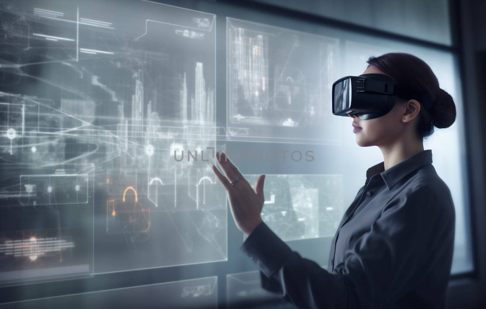 woman ar headset internet futuristic display online creative business designer software glass glasses virtual technology network graphic digital work 3d innovation. Generative AI.