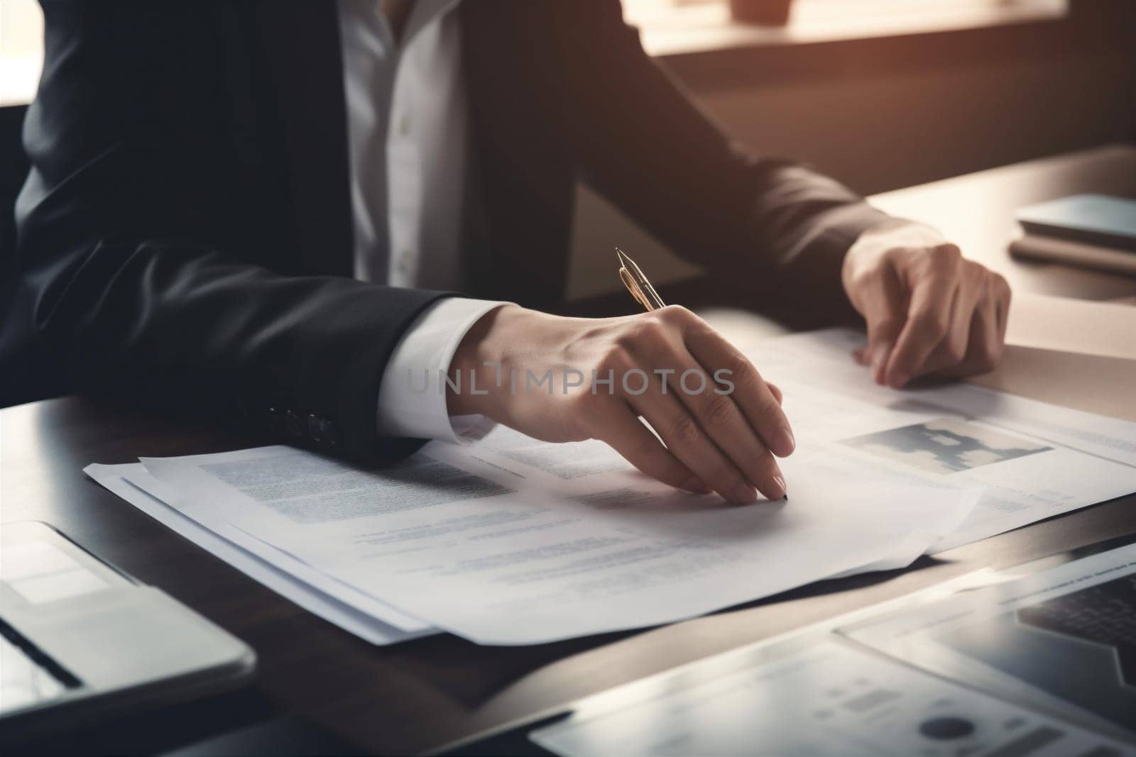 working man team contract document group concept signature sun person hand businessman office businessperson paper male finance closeup lawyer business day. Generative AI.