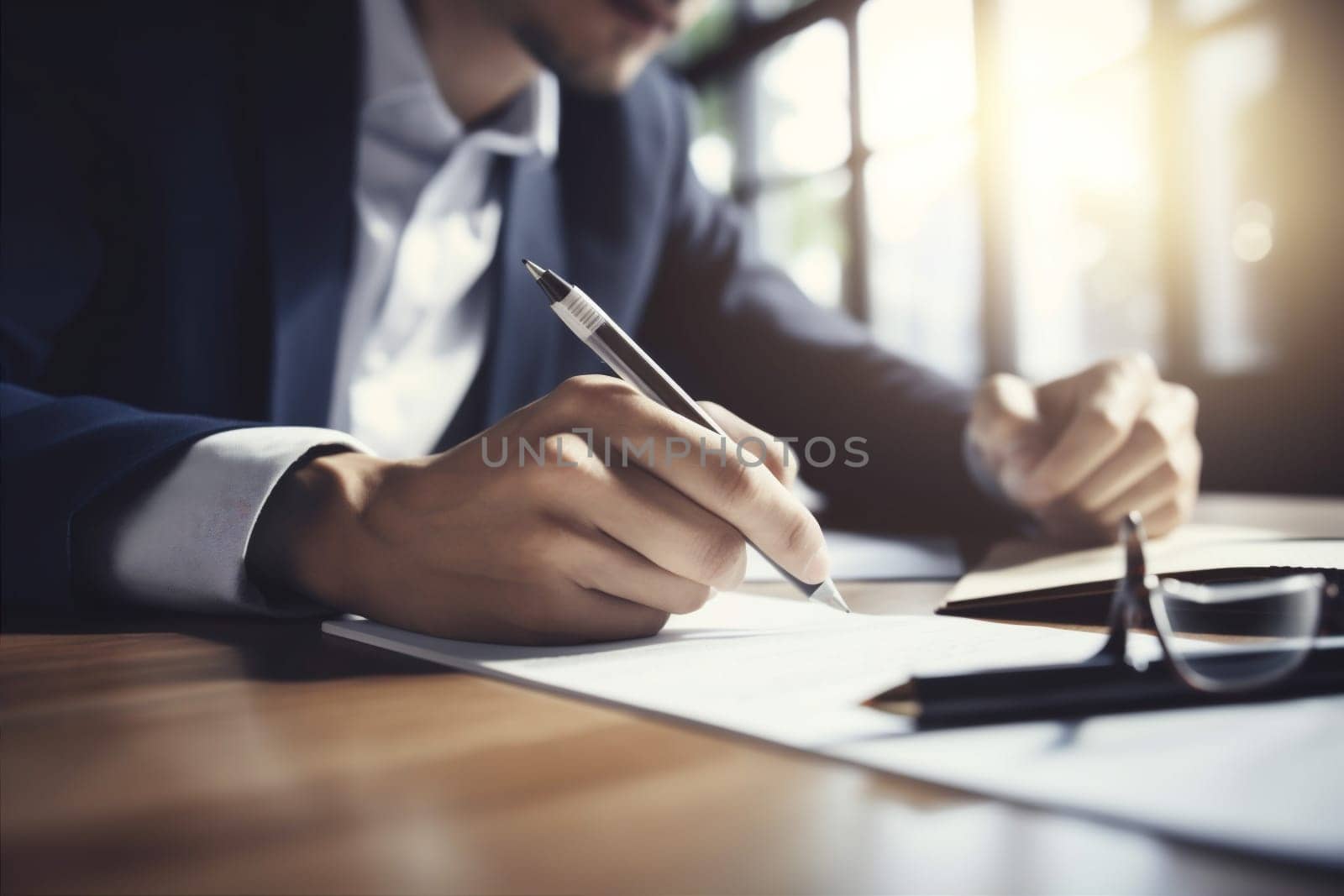 document man team signing executive concept corporate light closeup hand sunset contract pen signature office group lawyer businessman sign business sun. Generative AI.