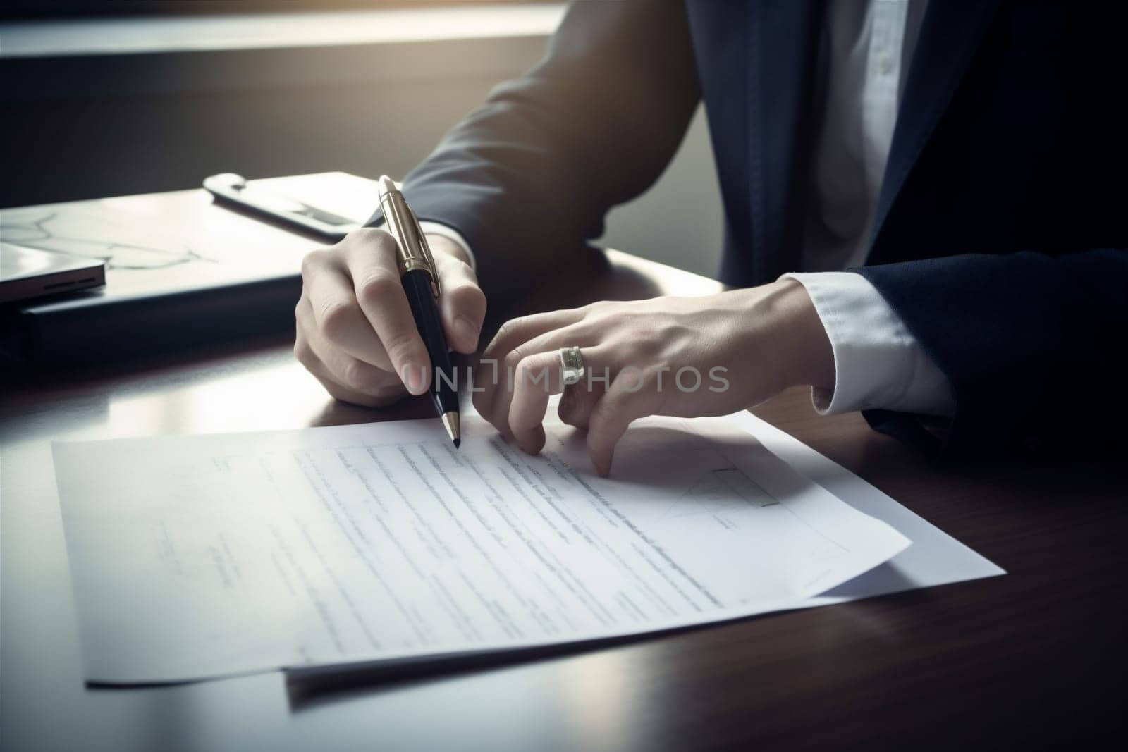 businessperson man office concept sign sun document corporate sunset lifestyle deal hand businessman contract lawyer business conference male group signing signature. Generative AI.