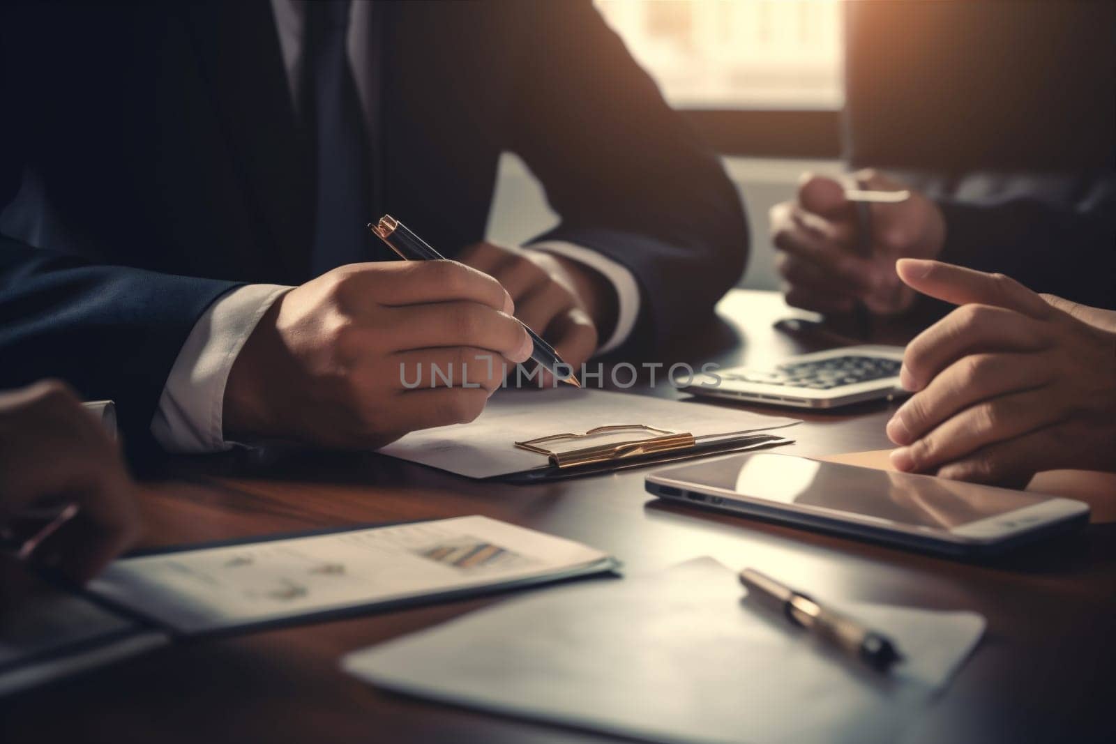man agreement hand form signing work meeting deal office signature sign businessman document lawyer business legal paperwork working group male contract. Generative AI.