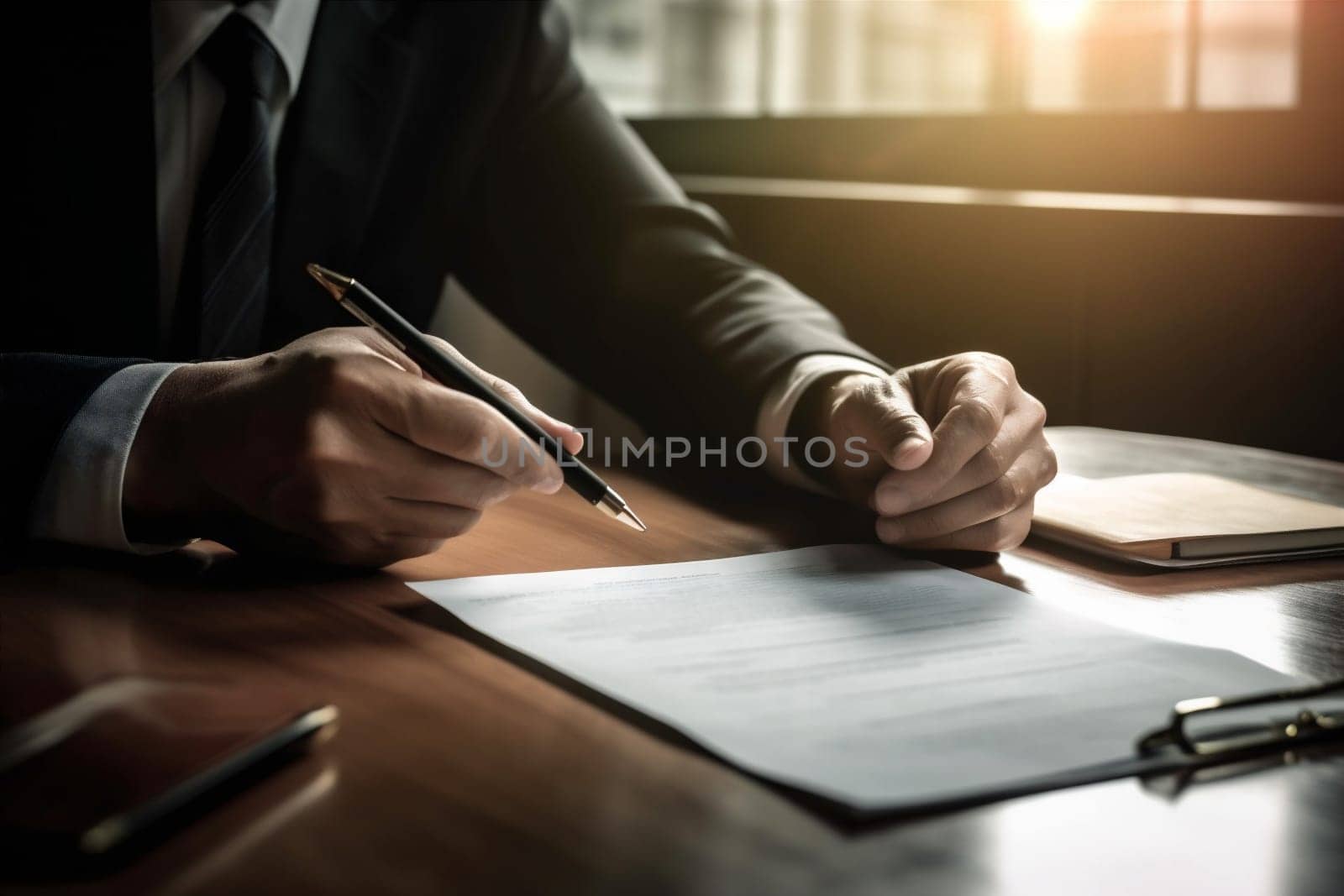 man group agreement business finance document deal day corporate contract lawyer sun businessman signature hand work sign writing office meeting form. Generative AI.