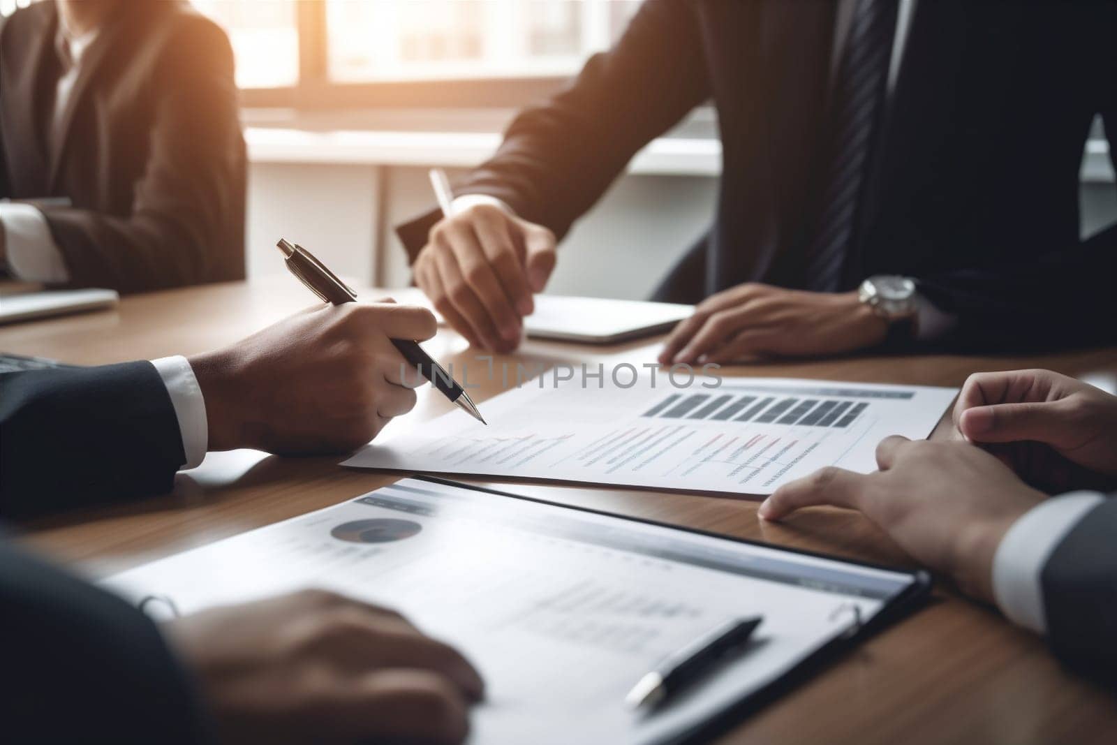 concept man lawyer office contract business deal group desk corporate businessman male paper day signature paperwork sign working document legal hand. Generative AI.