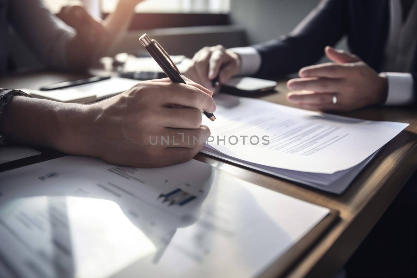 desk man paper sunset signing hand agreement signature lawyer office male contract conference group business document closeup concept writing businessman person. Generative AI.