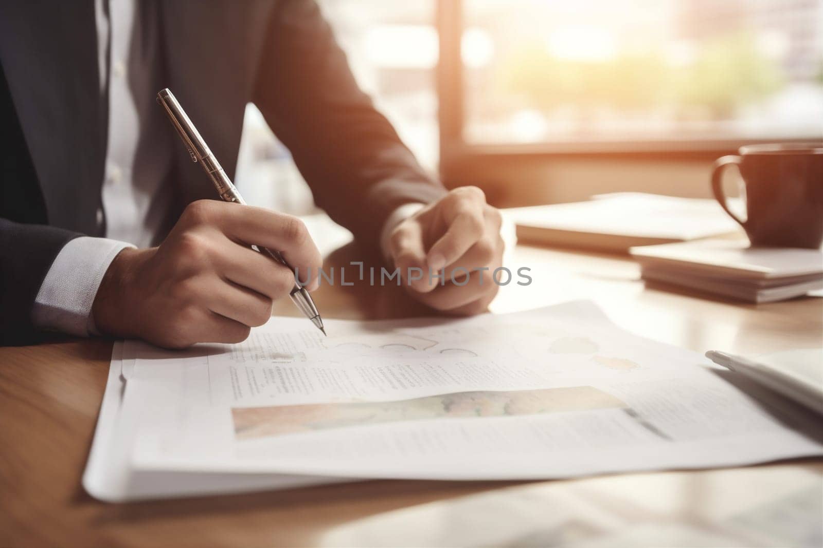 man contract executive team businessman closeup workplace hand business signature office form document signing legal working conference lawyer light group paperwork. Generative AI.