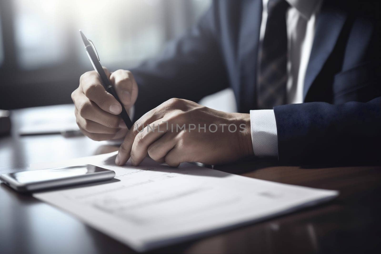 man group lawyer business note legal contract desk deal office hand sun signature businessman closeup team sign pen light form document. Generative AI.
