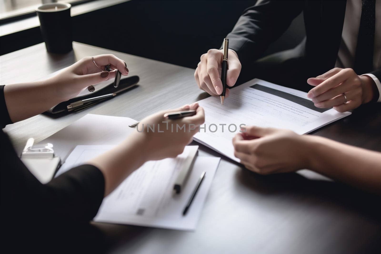 man lawyer light finance group legal agreement hand document concept business signature sunset conference office closeup contract paperwork businessman meeting paper. Generative AI.