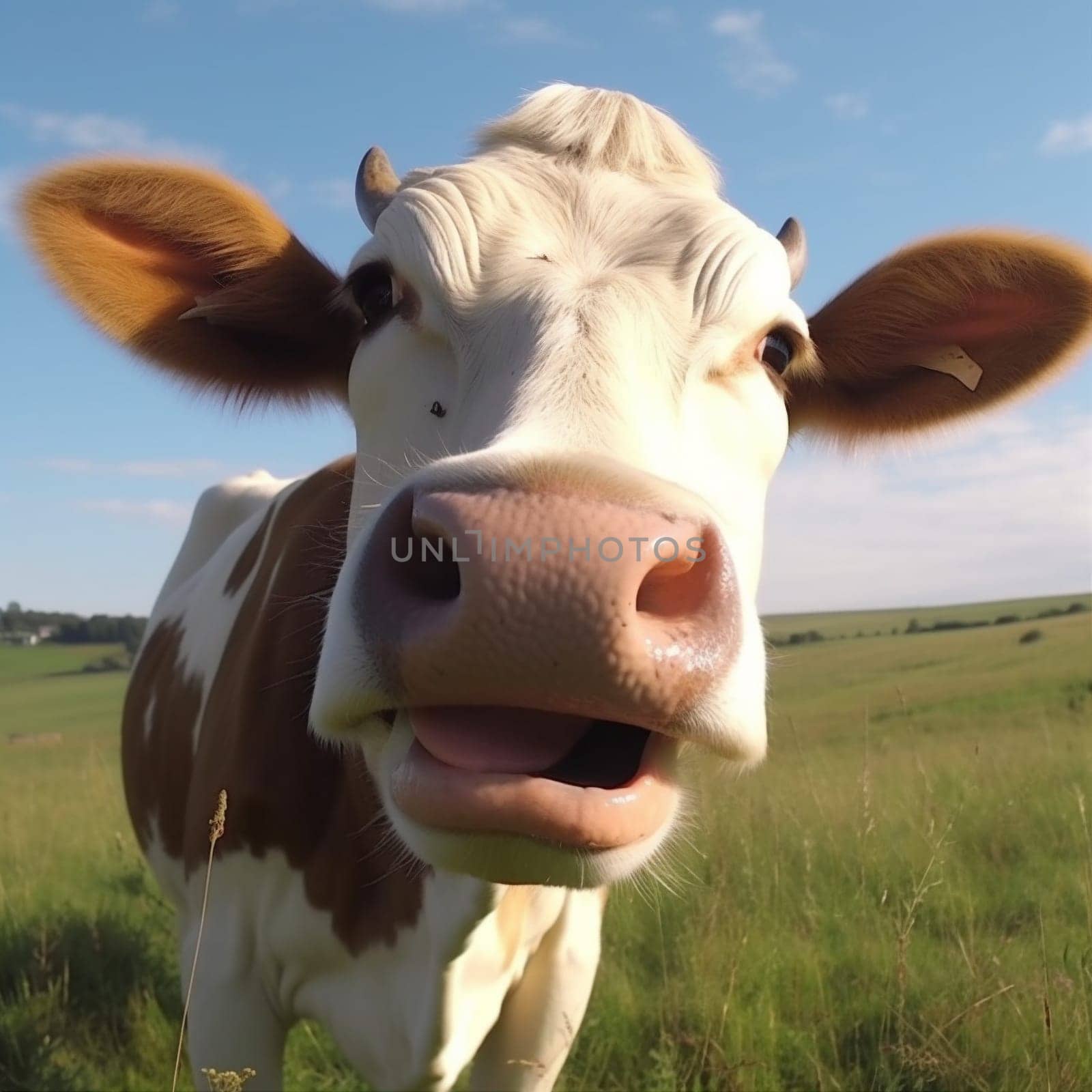 closeup cattle smile animal cow pasture rural field portrait head. Generative AI. by SHOTPRIME