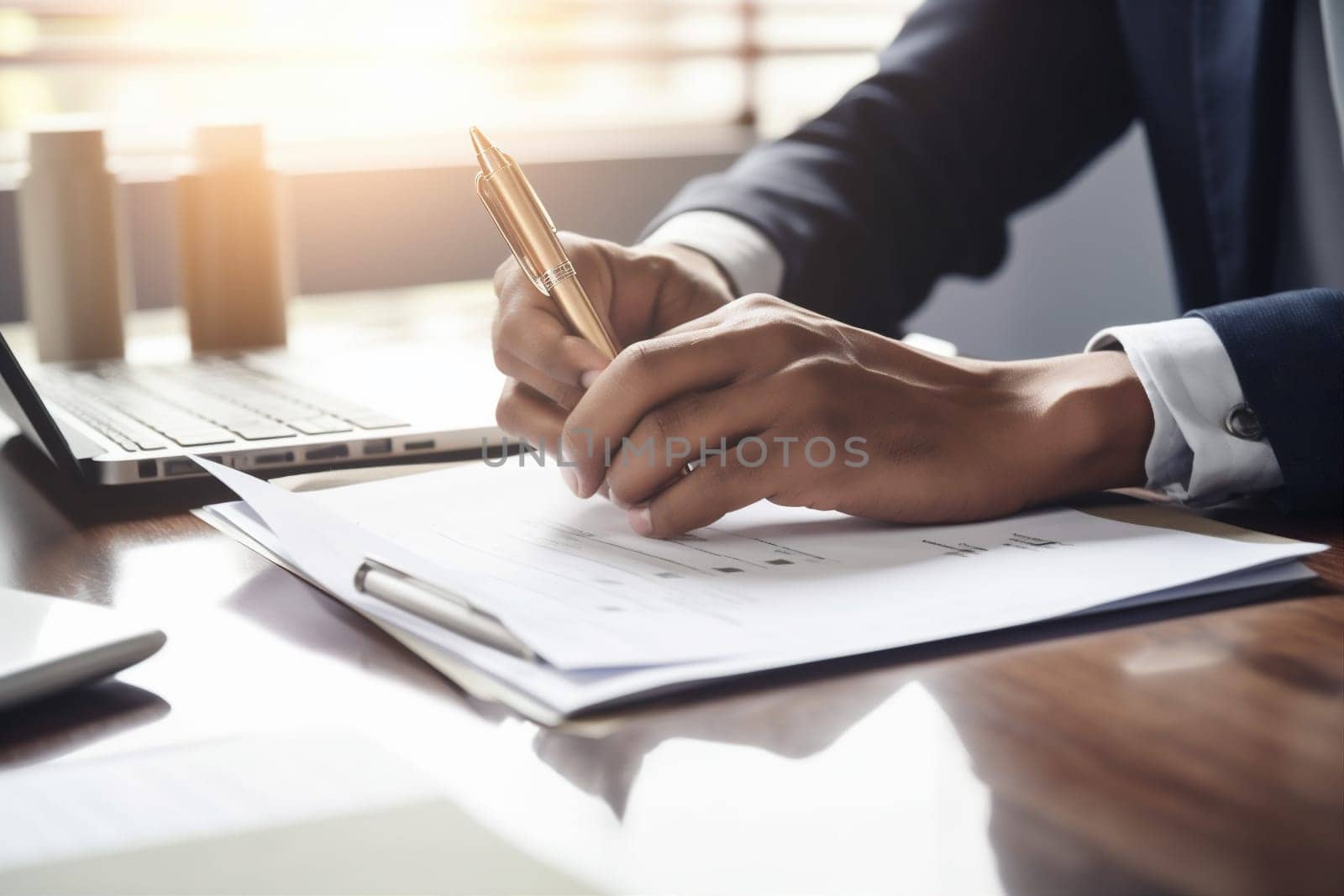 working man signature office desk contract hand team lawyer agreement business workplace career closeup professional businessman group sun paper light document. Generative AI.