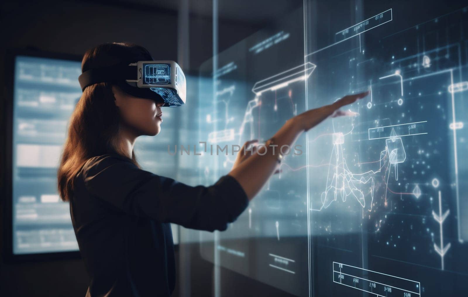 computer woman glass futuristic innovation display technology virtual design work female online website internet graphic 3d software business glasses game digital. Generative AI.