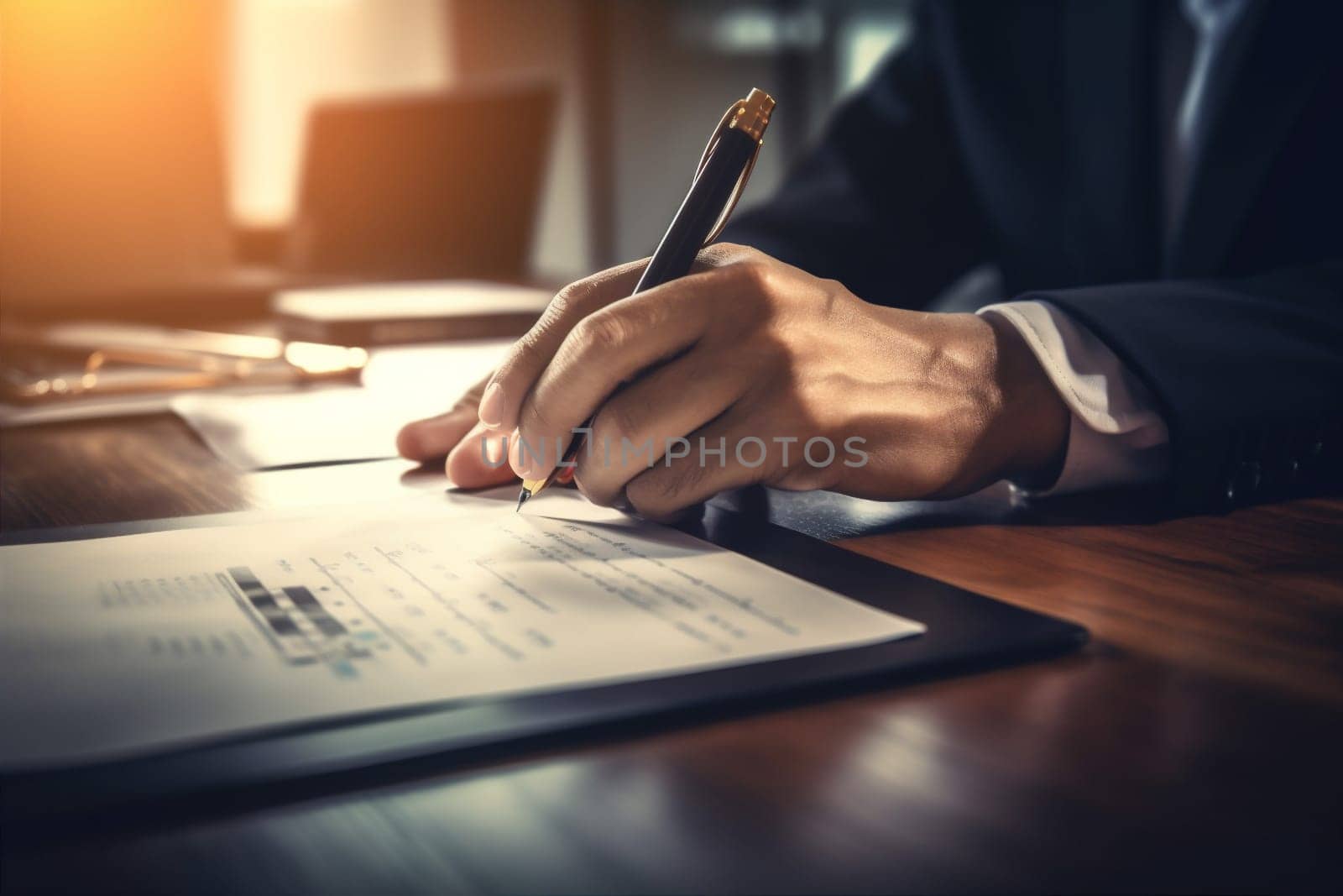 executive man lawyer career signature hand office paperwork closeup working contract businessman day business group meeting finance document sun pen agreement. Generative AI.