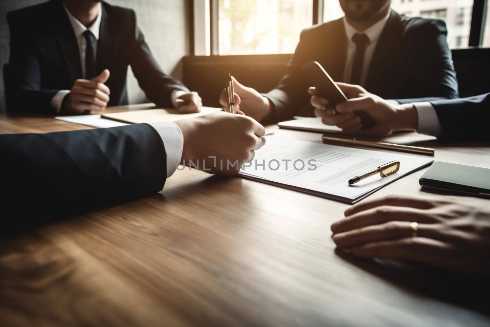 man businessman group business hand male document writing lawyer sun contract team finance conference professional closeup agreement office work signature corporate. Generative AI.