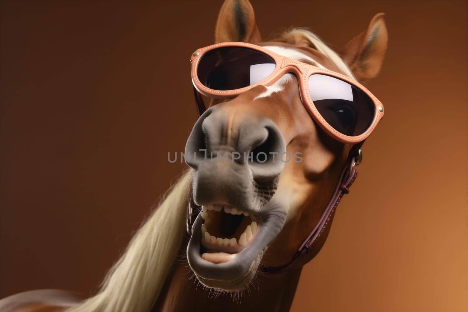 fun smile horse goggles sunglasses cute funny animal portrait background colourful. Generative AI. by SHOTPRIME