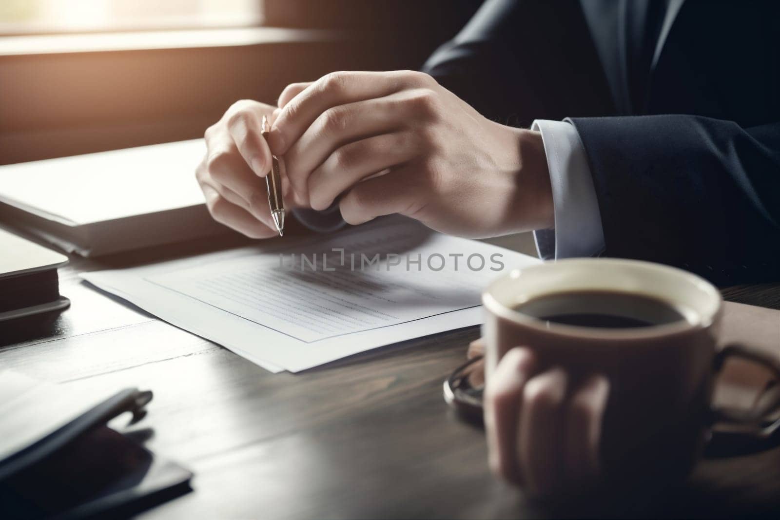 businessman man workplace professional conference legal career hand paperwork group signature male lawyer office document paper sign business contract desk corporate. Generative AI.