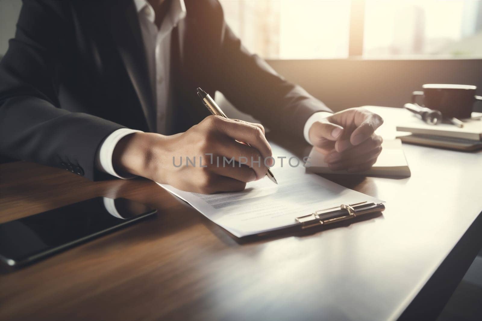 man group concept deal finance document working lawyer businessman hand writing contract office corporate businessperson paper legal work signature business workplace. Generative AI.