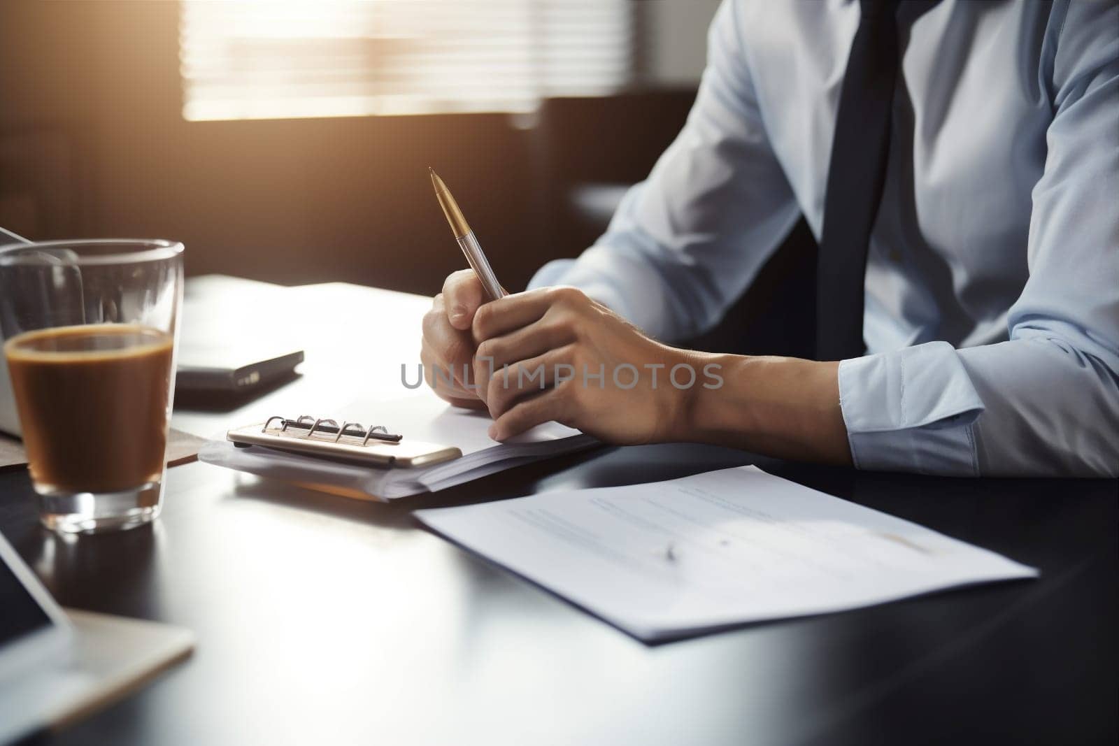 hand man light legal deal lifestyle businessman business desk signature group working closeup document contract form lawyer office corporate sign paperwork. Generative AI.