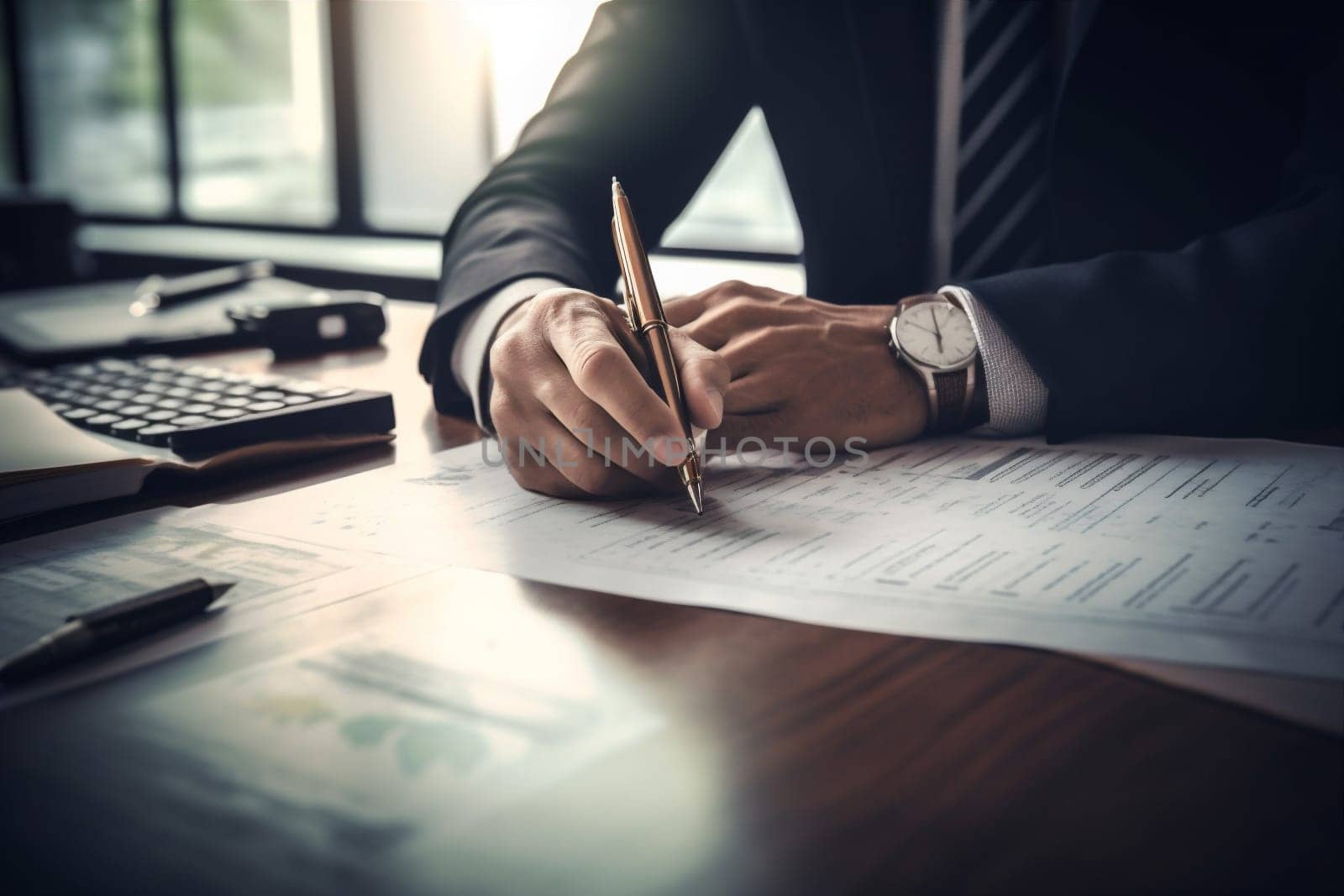 sunset man businessman concept sun hand document person agreement executive lawyer business finance office workplace desk paperwork signature writing contract group. Generative AI.
