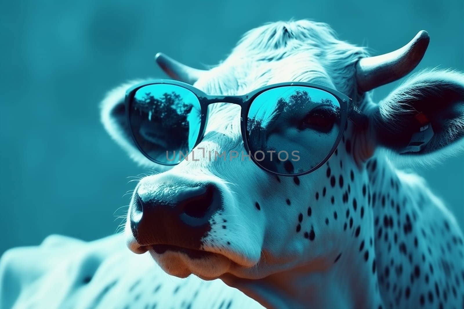eyeglass isolated white cool copy farm animal funny goggles cow blue illustration portrait style sunglasses animal space background blue face studio mammal head. Generative AI.