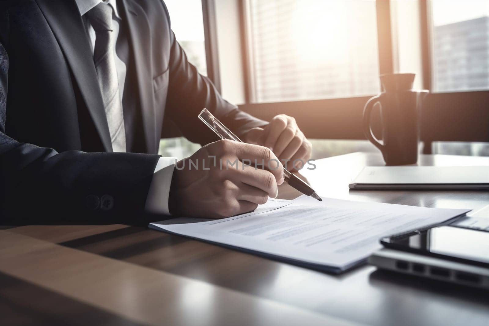workplace man office work corporate lawyer business contract businessman lifestyle group document signature male sunset team signing paperwork deal hand agreement. Generative AI.