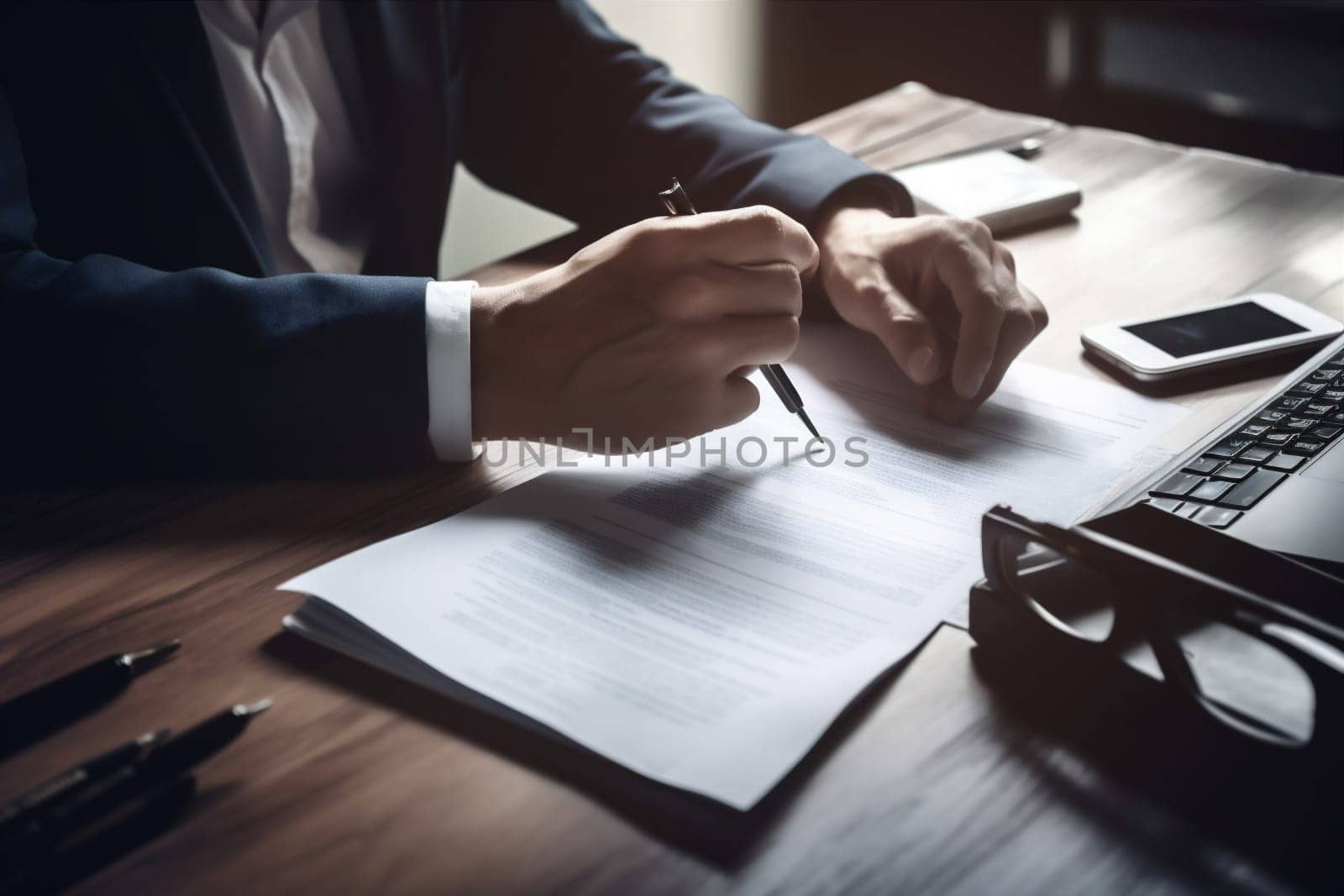 man signature lawyer light sunset businessman note working pen day signing group team document contract paperwork hand business paper office businessperson. Generative AI.
