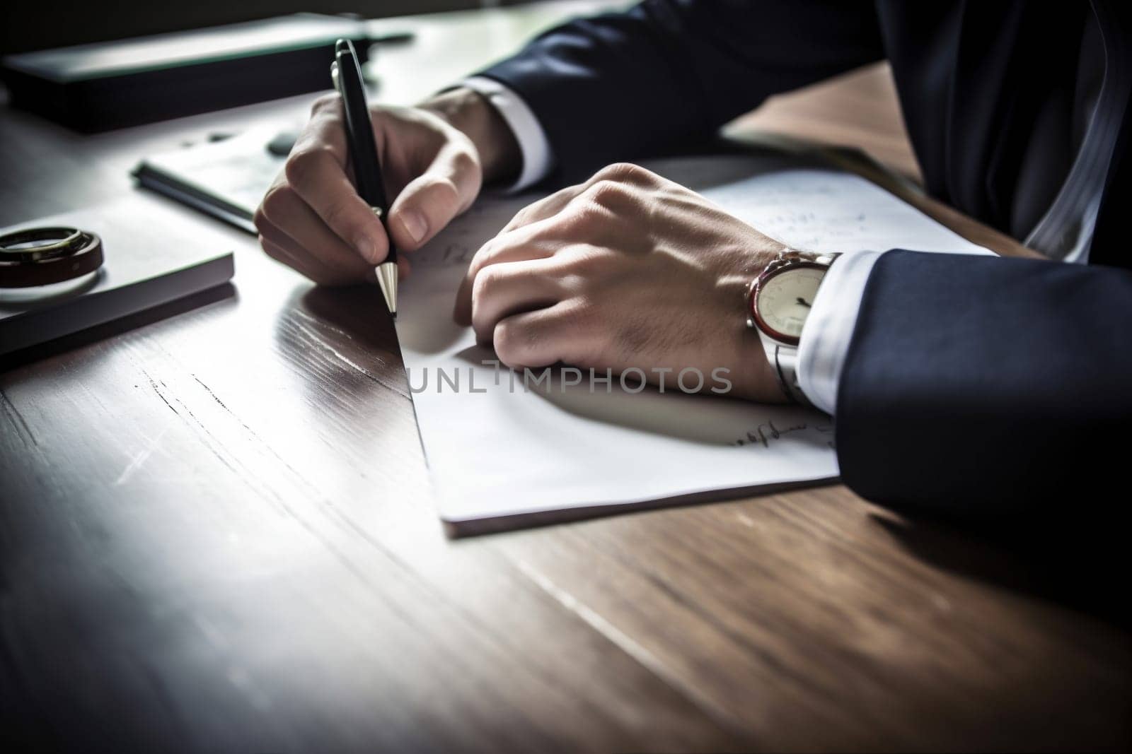 man businessman businessperson legal lifestyle concept group business office hand contract sunset signature male workplace writing working career document signing lawyer. Generative AI.