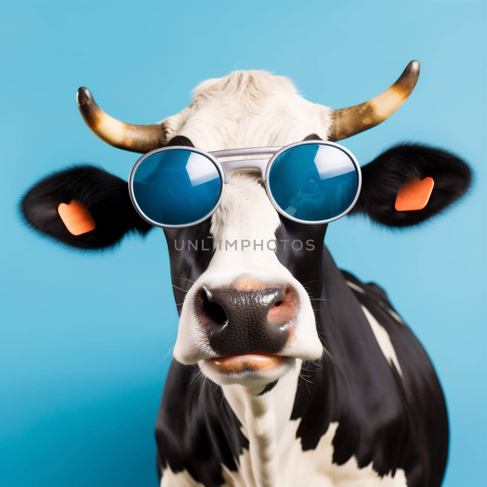 portrait sunglasses funny eyeglass background cow head animal face copy blue space. Generative AI. by SHOTPRIME