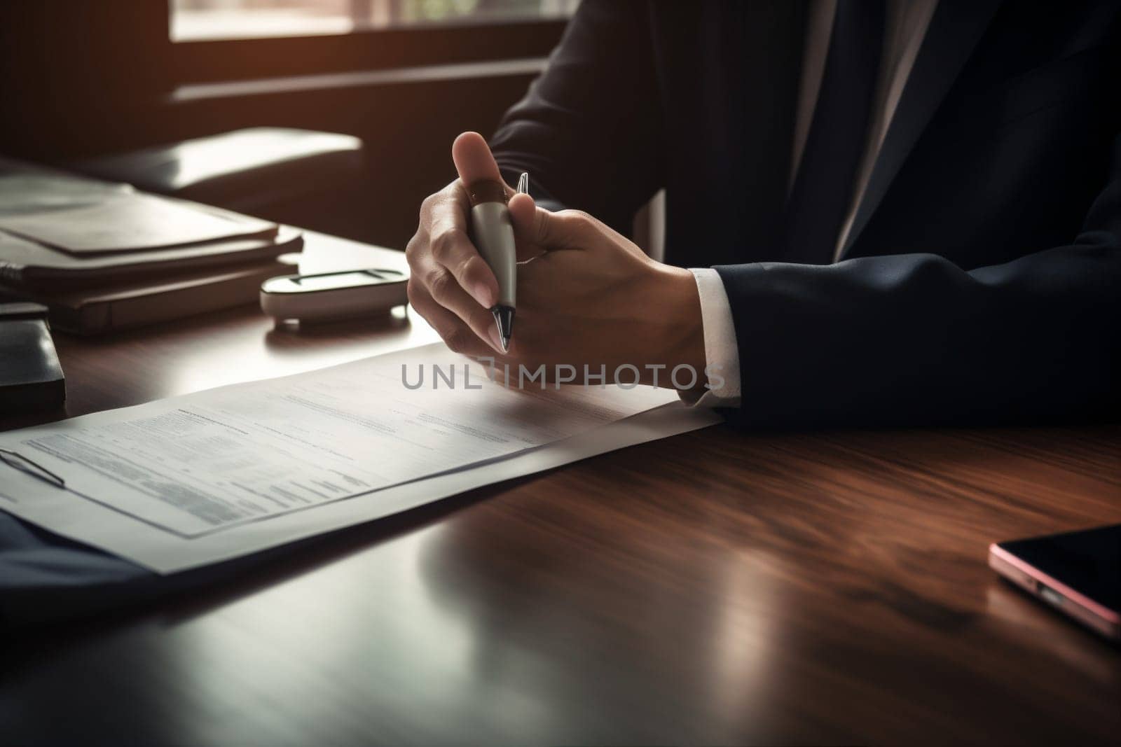 man sunset lifestyle office business signature day desk concept closeup agreement conference professional businessman hand group sign lawyer contract document light. Generative AI.