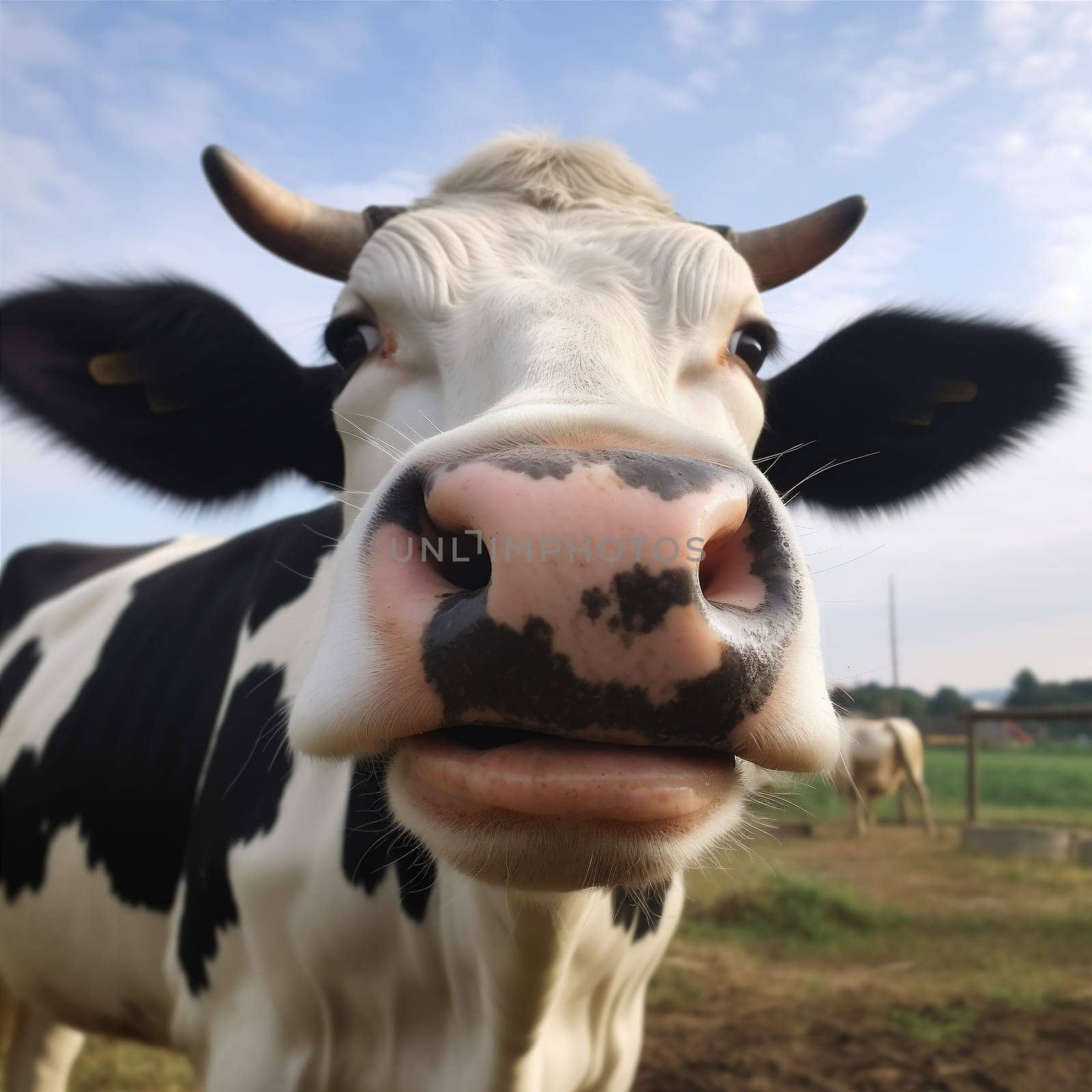 country summer farming rural silly pasture sky beef portrait ranch dairy cattle cow head smile animal closeup bovine mammal field. Generative AI.