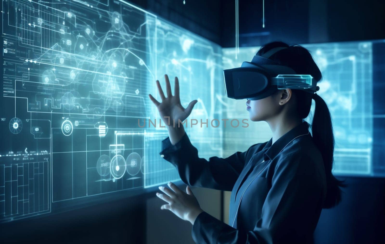 woman 3d glasses designer cyber futuristic ar goggles virtual work digital software business online graphic technology computer innovation tech person game. Generative AI.