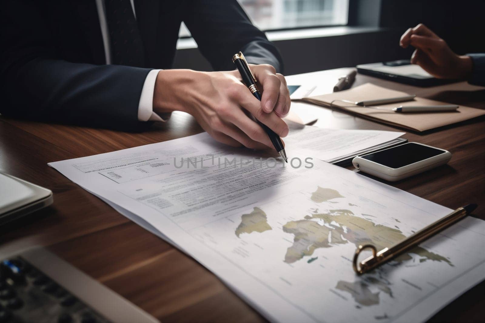 man signing hand desk agreement group work businessman note legal pen person finance document lawyer workplace office contract concept signature business. Generative AI.