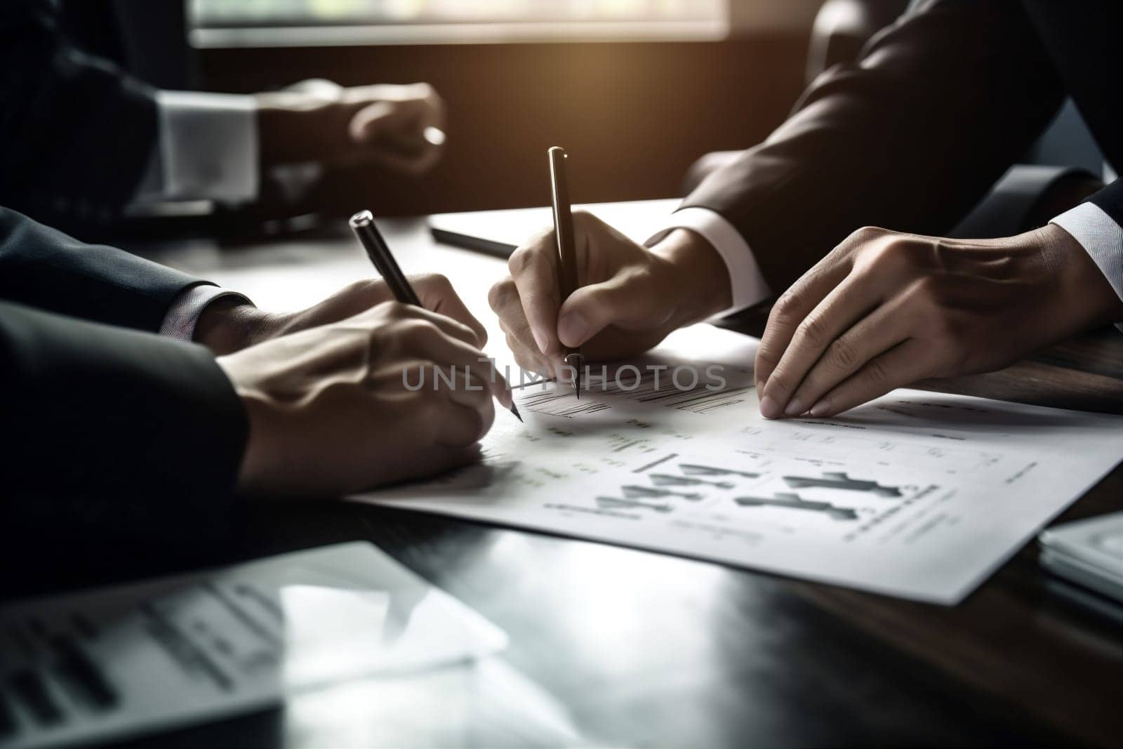conference man businessman document contract pen hand lawyer day business sun professional agreement sign office sunset desk group working finance signature. Generative AI.