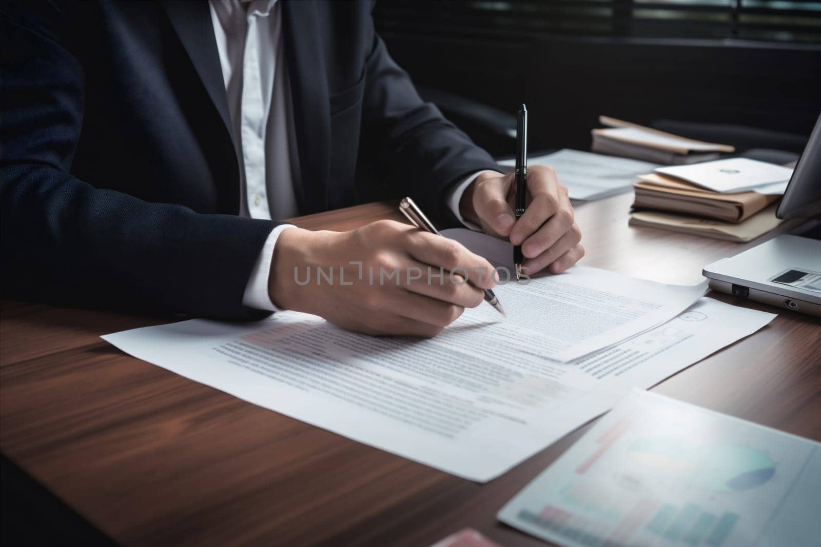 person man group paperwork team office lawyer business agreement businessman note pen light contract conference desk signature document hand male writing. Generative AI.