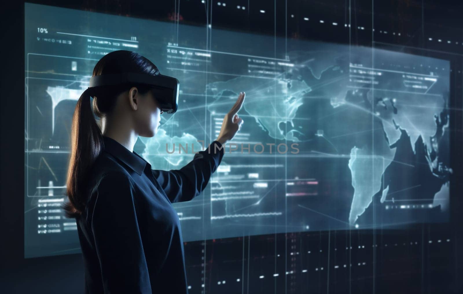 woman 3d design virtual app futuristic screen website technology hand innovation graphic cyberspace network reality game reality glasses business internet virtual digital. Generative AI.