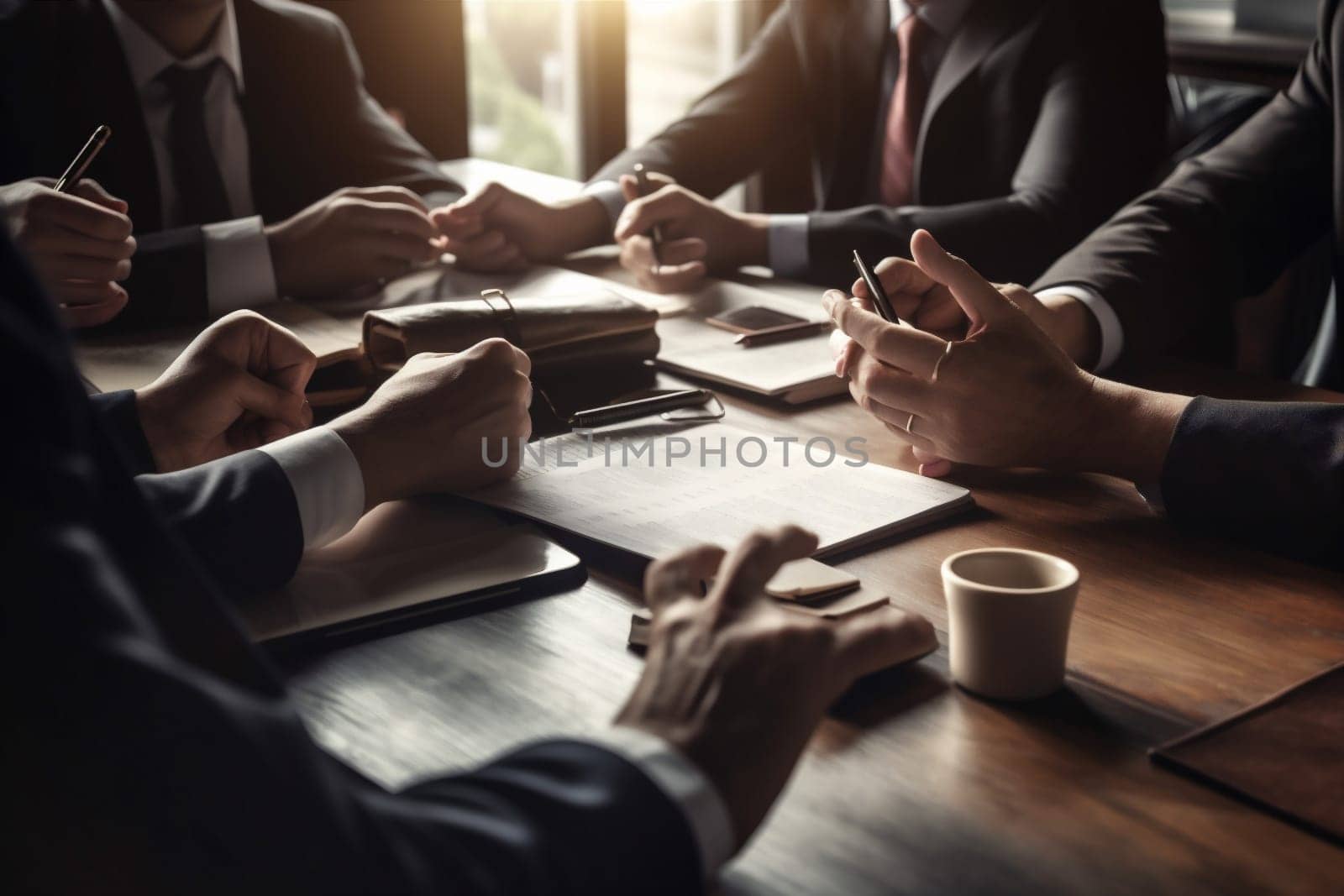 businessman man paperwork executive male contract person office signature working business hand legal sun light lawyer group document team concept businessperson. Generative AI.