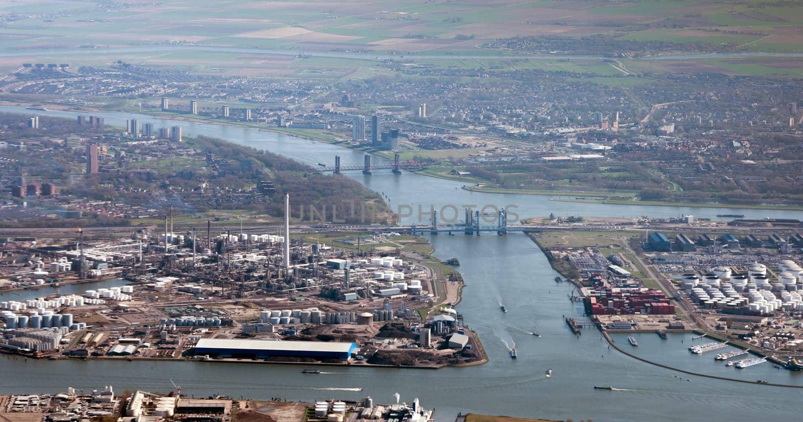 oli refinery and bridges from europoort seen from airplane