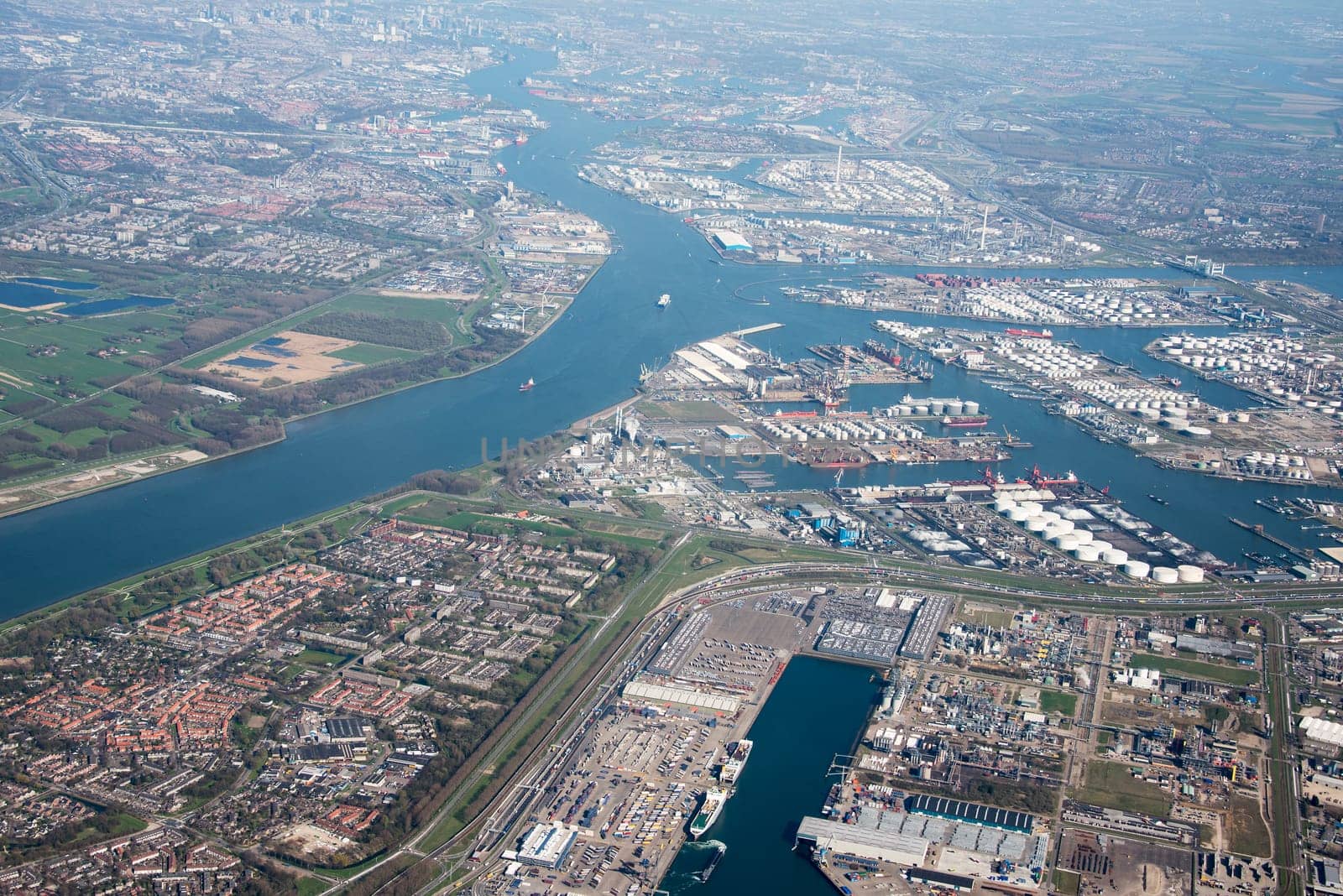 view at the rotterdam harbor from a plane