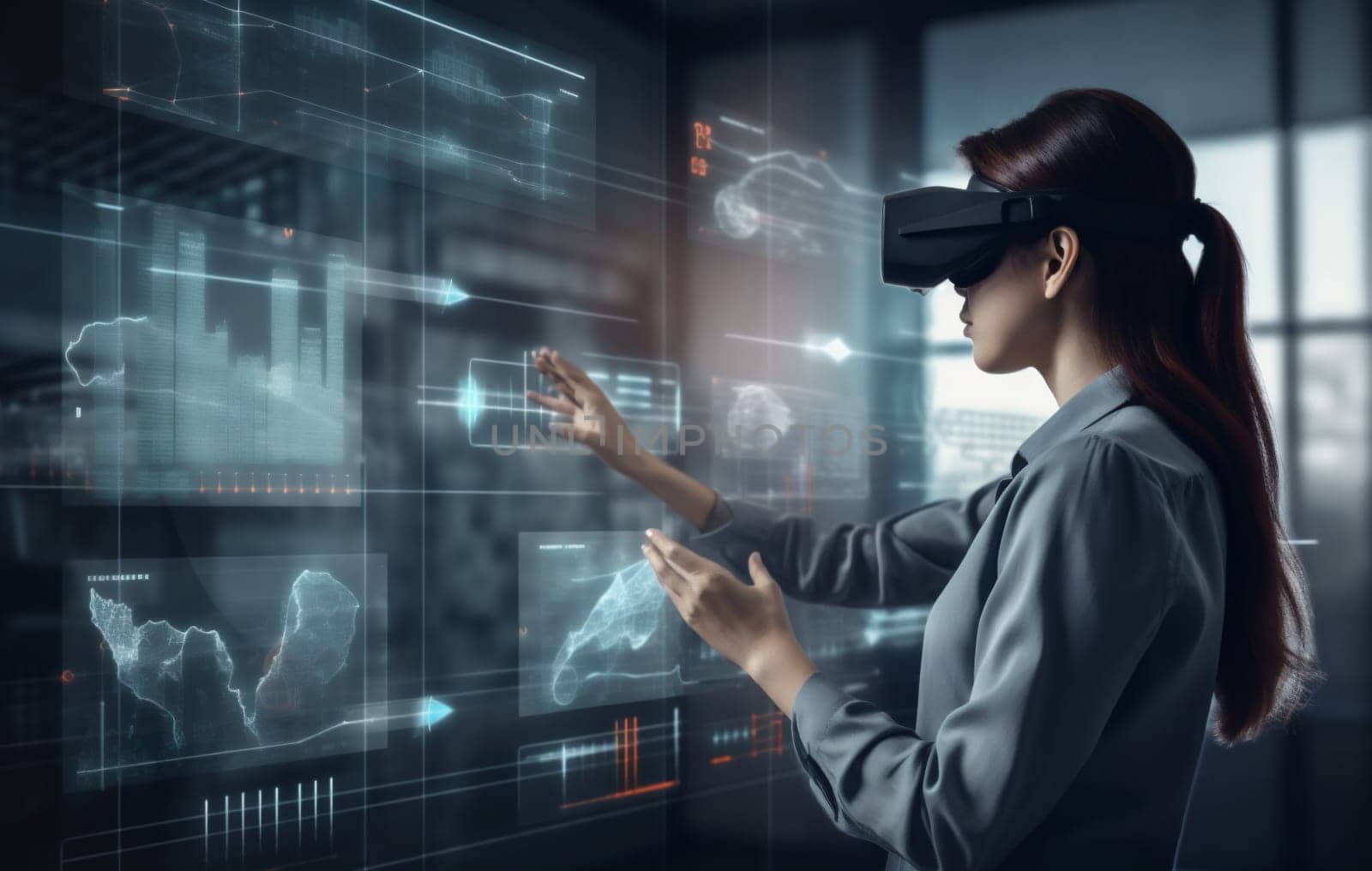 reality woman tech virtual cyber ar digital innovation virtual network goggles graphic technology glasses 3d internet online overlay business display software futuristic. Generative AI.