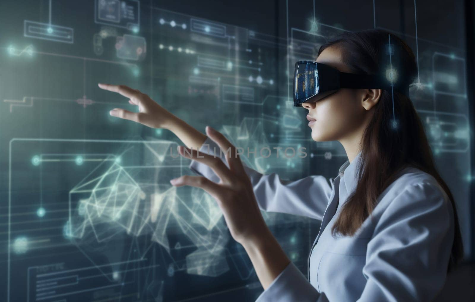 network woman goggles app technology futuristic three-dimensional graphic cyberspace overlay glasses business reality creative digital reality ar 3d virtual innovation web virtual. Generative AI.