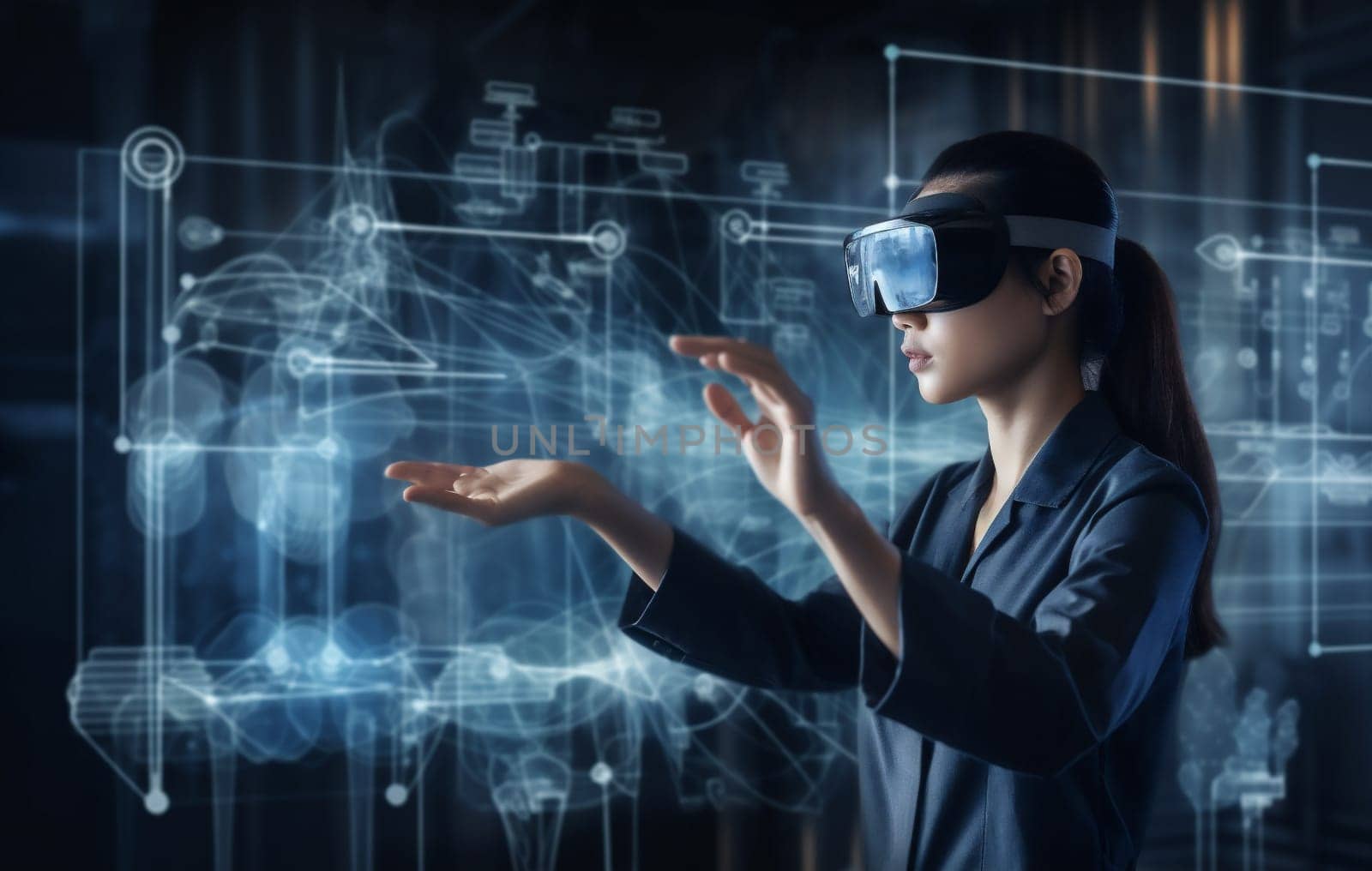 woman digital glasses display graphic technology cyber web innovation three-dimensional business ar virtual internet network 3d futuristic reality work website software. Generative AI.