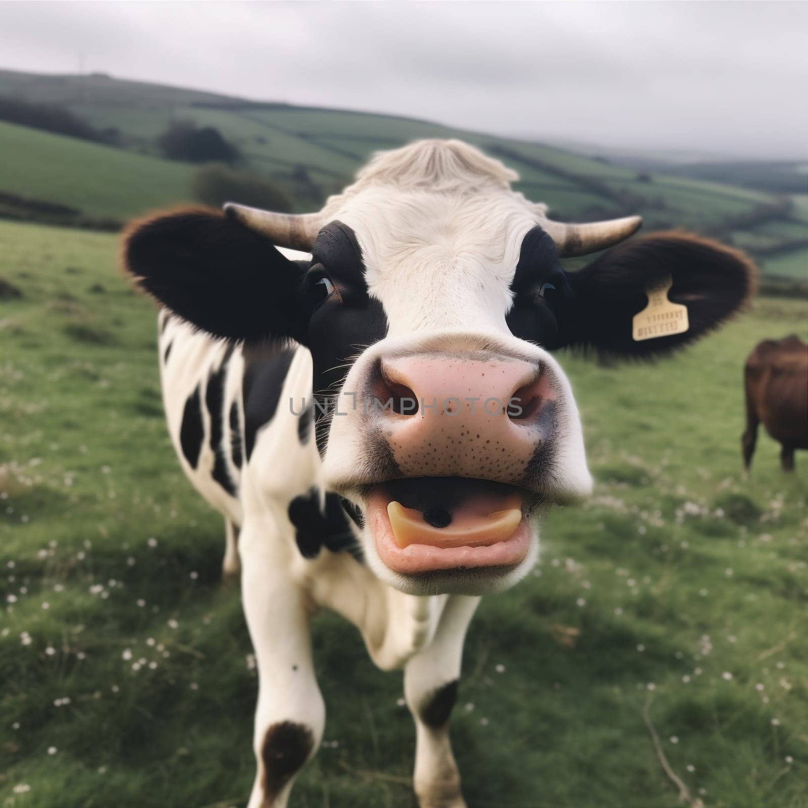 pasture smile cattle portrait cow field rural head closeup animal. Generative AI. by SHOTPRIME