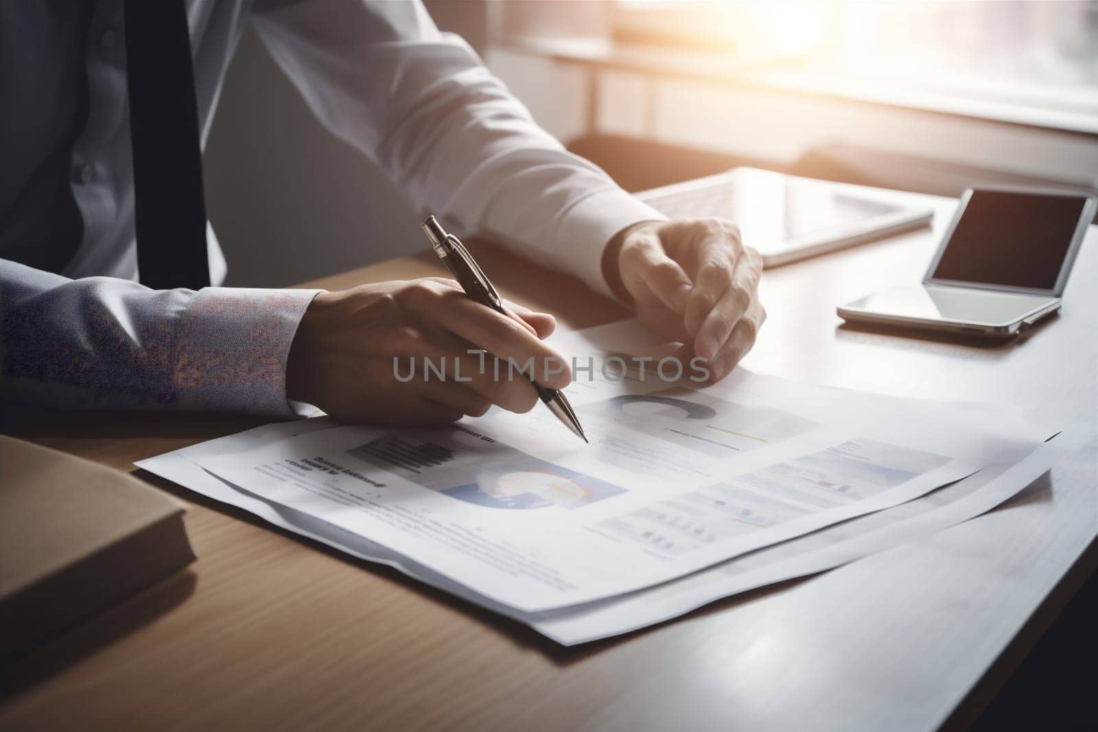 man finance sunset lawyer group document businessman contract conference team corporate hand signature paperwork person agreement light deal day office business. Generative AI.